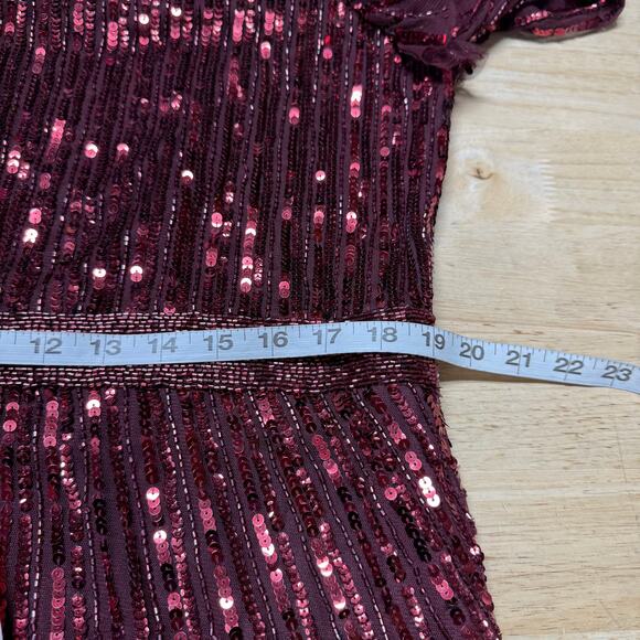 Mac Duggal NWT Red Long Sleeve Ruffle Detail Sequin Midi Dress Size 16 High Neck - Picture 8 of 10